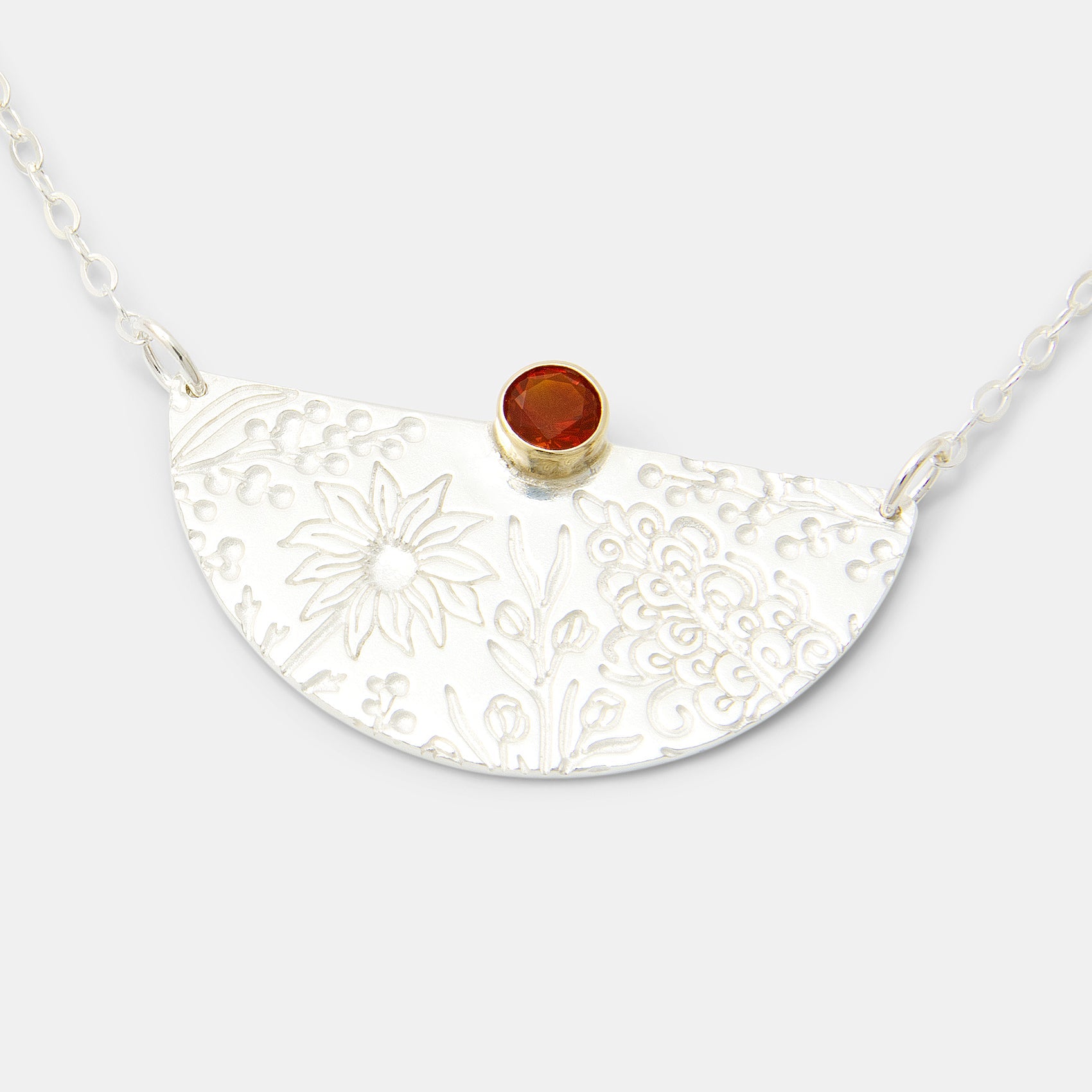 Australian Flora Half Pattern & Fire Opal Necklace - Simone Walsh Jewellery Australia