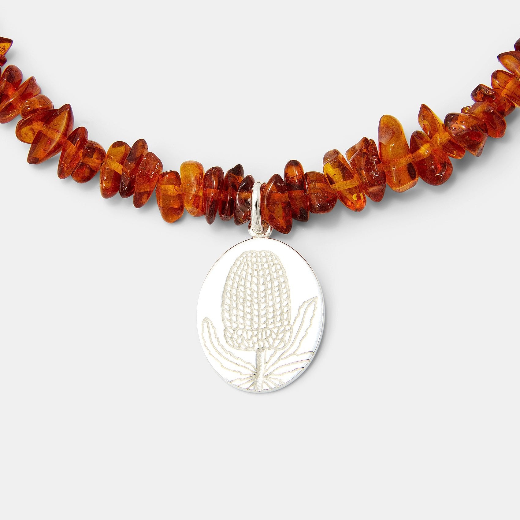 Banksia Oval on Amber Beaded Necklace - Simone Walsh Jewellery Australia
