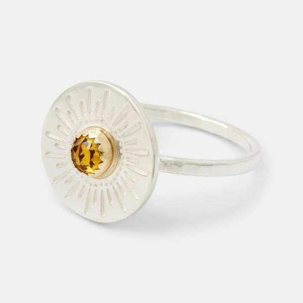 Facetted citrine in our sunburst cocktail ring in silver and gold
