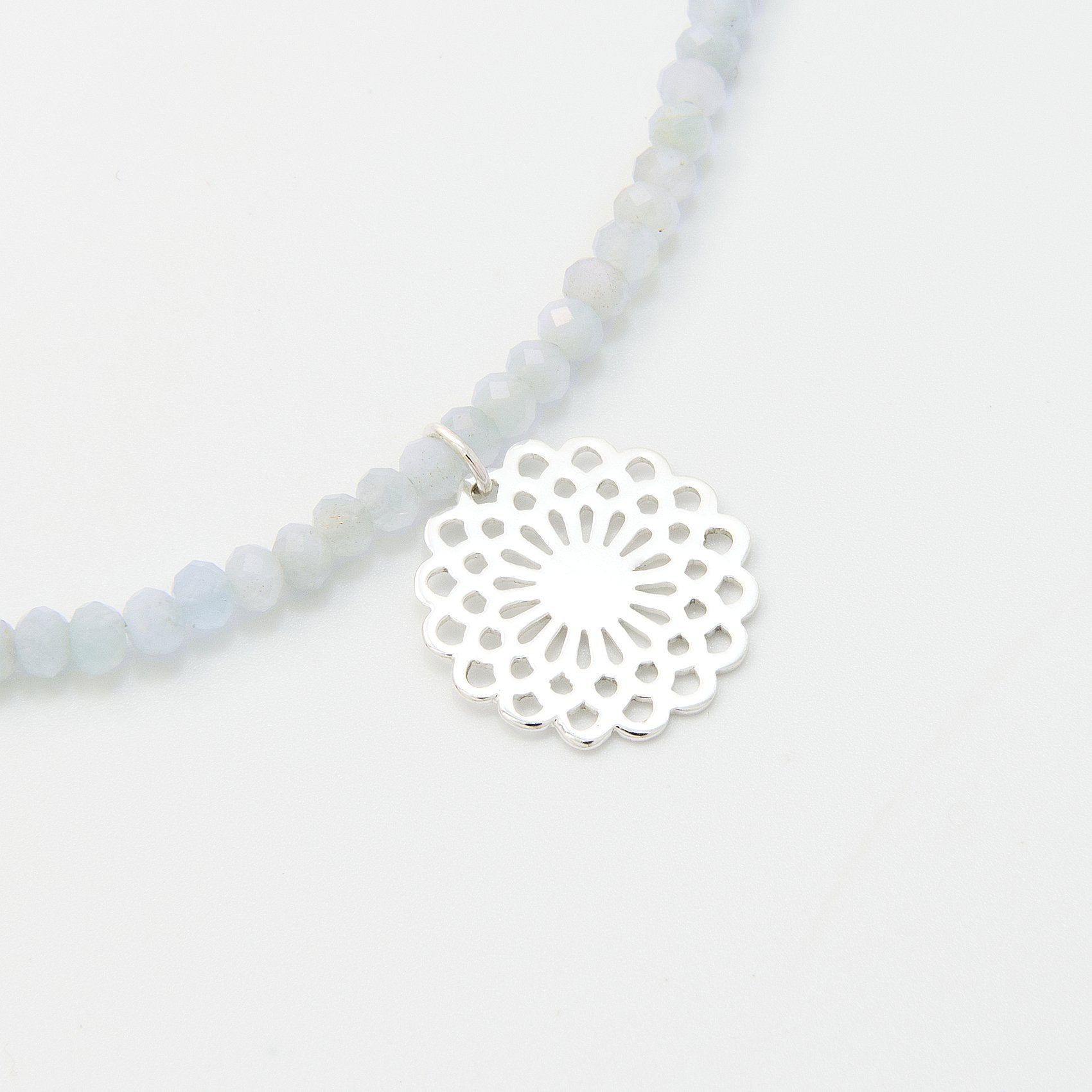 Dahlia on aquamarine beaded necklace - Simone Walsh Jewellery Australia