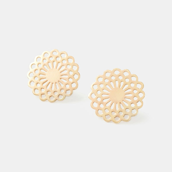 Gold earrings including these dahlia solid gold stud earrings