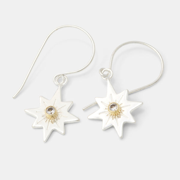 Dangle earrings with guiding star design in gold and silver