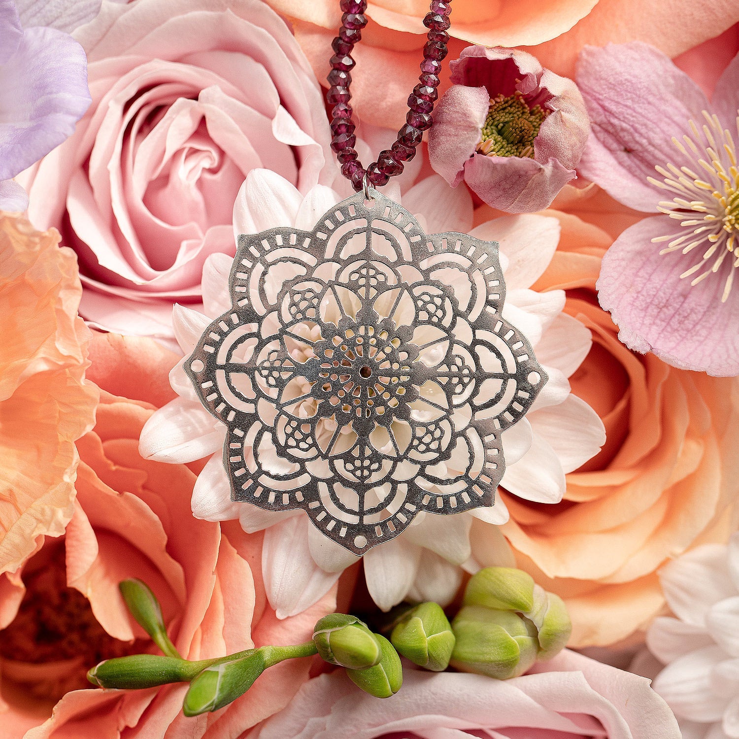 Mehndi mandala & rose garnet beaded necklace - Simone Walsh Jewellery Australia