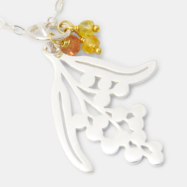 Wattle branch pendant necklace in sterling silver with sapphires