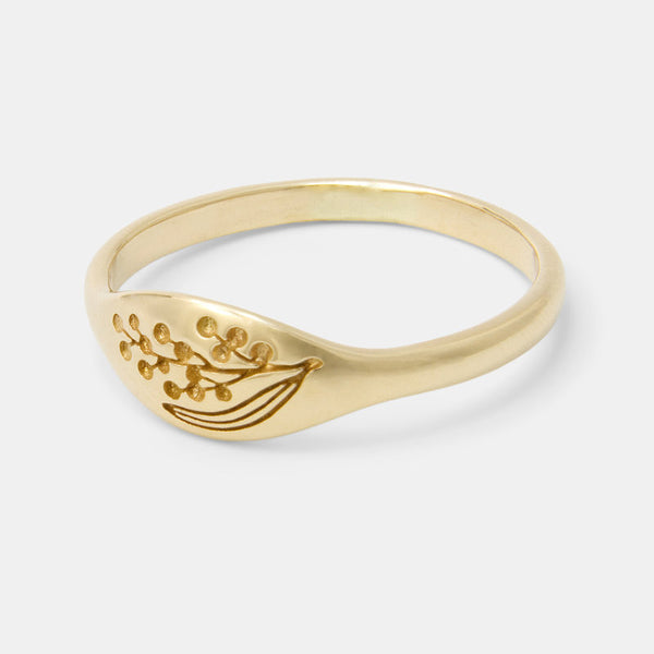 Solid gold wattle flower signet ring
