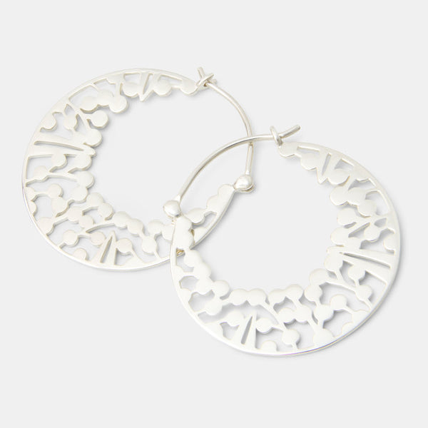 Sterling silver hoop earrings with a wattle wreath design